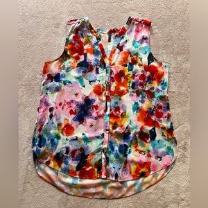 NYDJ Blue Orange sleeveless pin tucked Blouse V neckline summer top high low